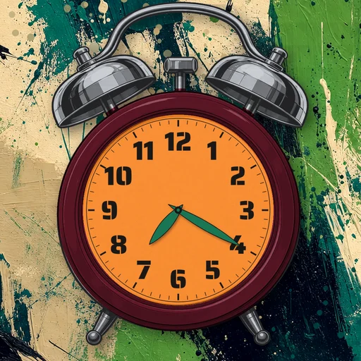 Twin-bell alarm clock in brushed metal burgundy, orange dial, on an abstract ink background