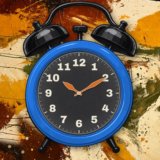Twin-bell alarm clock in enamel electric blue, black dial, on an abstract ink background