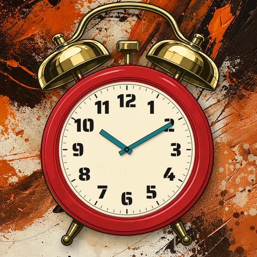 Twin-bell alarm clock in enamel red, cream dial, on an abstract ink background