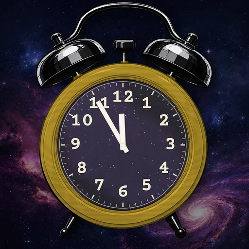 Twin-bell alarm clock in wood mustard yellow, cosmic dial, on a matching cosmic scene