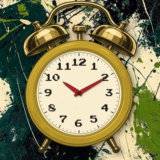Twin-bell alarm clock in ceramic mustard yellow, cream dial, on an abstract ink background