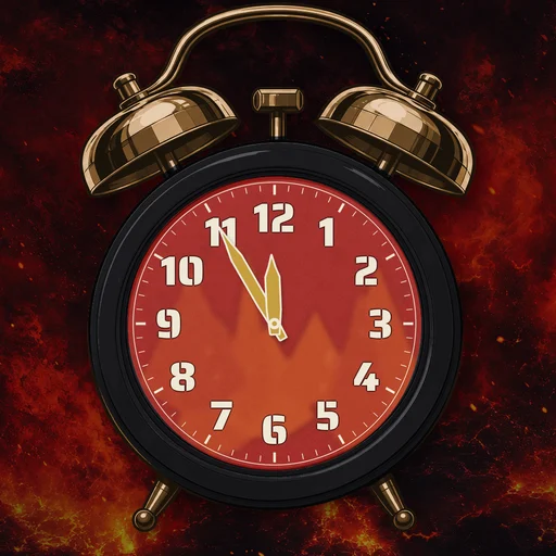 Twin-bell alarm clock in brushed metal black, fire dial, on a matching fire scene