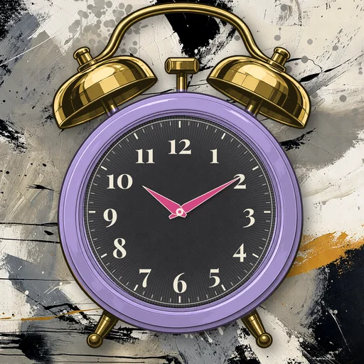 Twin-bell alarm clock in enamel lavender, black dial, on an abstract ink background
