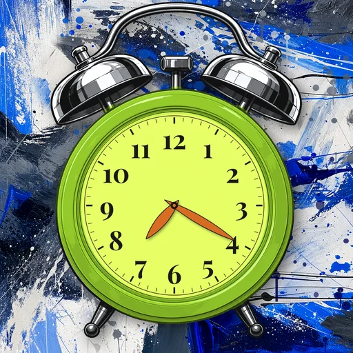 Twin-bell alarm clock in enamel lime, lime dial, on an abstract ink background