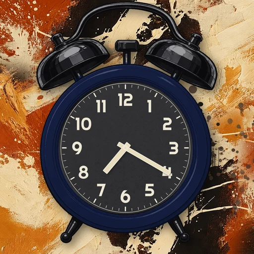 Twin-bell alarm clock in ceramic midnight blue, black dial, on an abstract ink background