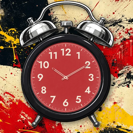 Twin-bell alarm clock in chrome black, red dial, on an abstract ink background