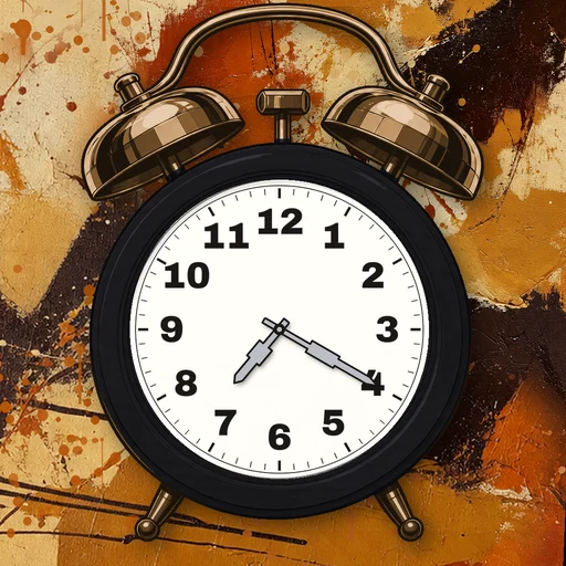 Twin-bell alarm clock in wood black, white dial, on an abstract ink background